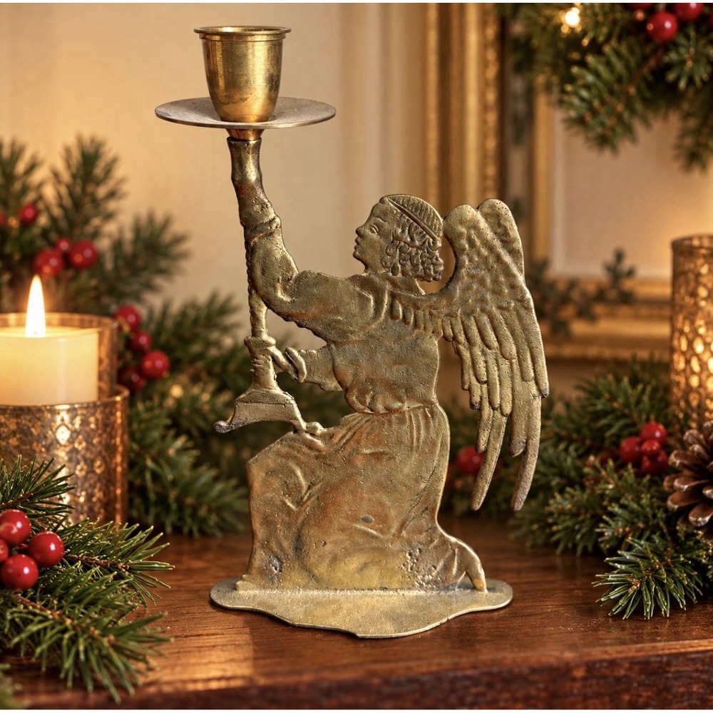 Vintage Brass Angel Candle Holder Made in India Patina Winged Figure 10"